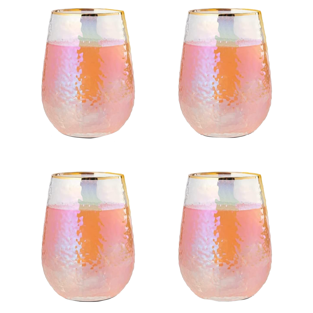 Festive Lustered Iridescent Stemless Wine & Water Glasses - Set of 4-100% Glass 15oz Mouthblown Colorful Glasses - Anniversaries, Birthday Gift, Cocktail Party Radiance - Water, Whiskey, Juice, Gift by The Wine Savant