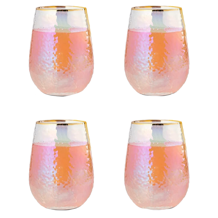 Festive Lustered Iridescent Stemless Wine & Water Glasses - Set of 4-100% Glass 15oz Mouthblown Colorful Glasses - Anniversaries, Birthday Gift, Cocktail Party Radiance - Water, Whiskey, Juice, Gift by The Wine Savant