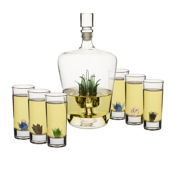 Tequila Decanter Tequila Glasses Set with Agave Decanter and 6 Agave Sipping Shot Glass, Perfect for Gifts for Tequila Lovers, 25 Ounce Bottle, 3 Ounce Tequila Party Decorations Cinco De Mayo (Agave) by The Wine Savant