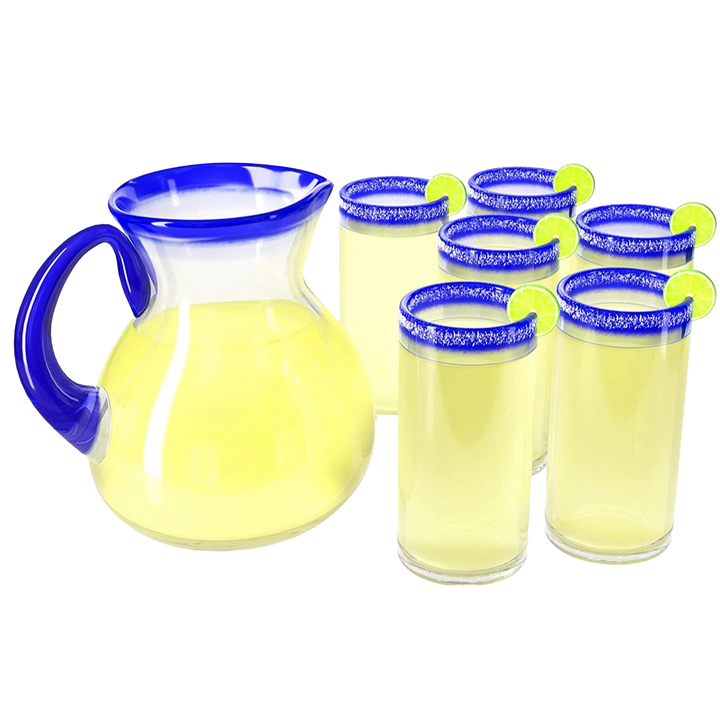 Hand Blown Blue Mexican Drinking Glasses and Pitcher – Set of 6 with Mexican Blue Rim Design (14 oz each) and Pitcher (84 Ounces) Mexico Cobalt Blue Carafe Designs Margarita and Lemonade by The Wine Savant