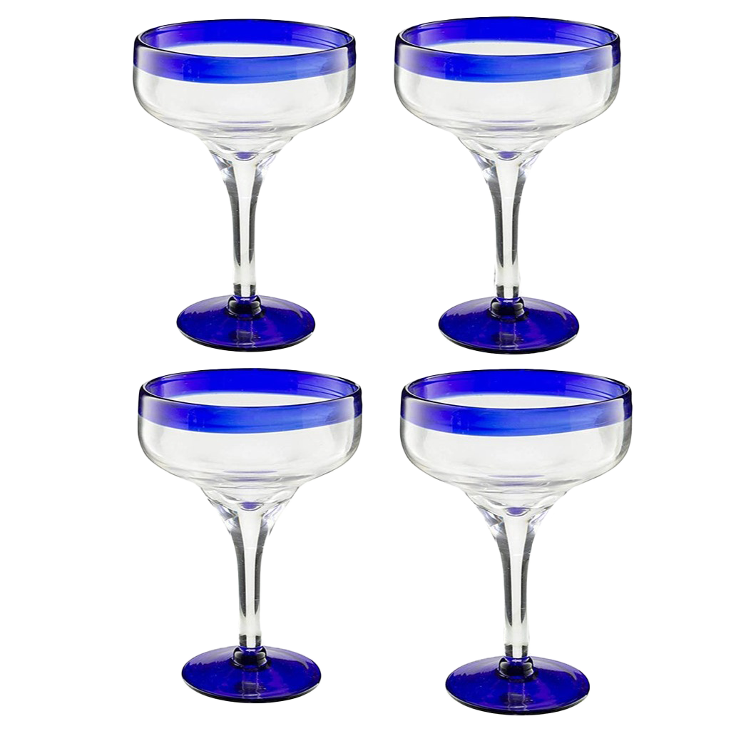 Mexican Hand Blown Glass – Set of 4 Large 16oz, Cobalt Blue Rim Line, Luxury Margarita & Cocktail Glasses, Mexico Design Large 16oz Cobalt Cinco de Mayo - The Wine Savant, Dishwasher Safe Glassware by The Wine Savant