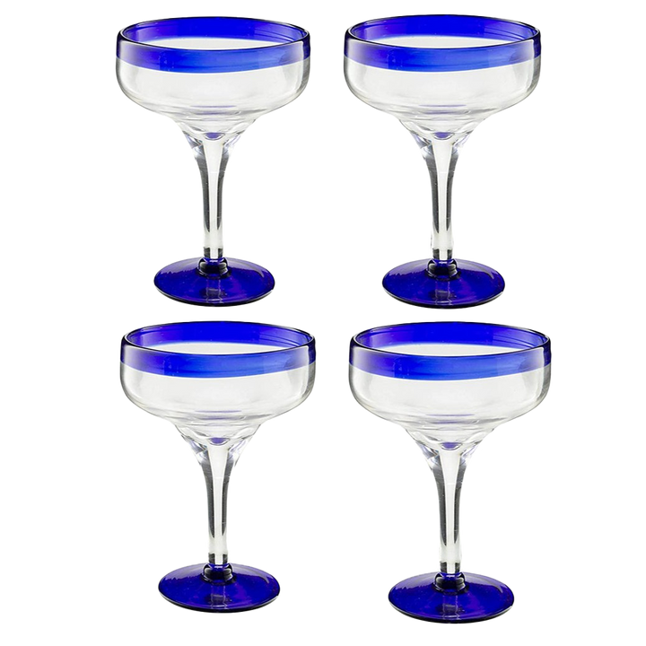 Mexican Hand Blown Glass – Set of 4 Large 16oz, Cobalt Blue Rim Line, Luxury Margarita & Cocktail Glasses, Mexico Design Large 16oz Cobalt Cinco de Mayo - The Wine Savant, Dishwasher Safe Glassware by The Wine Savant