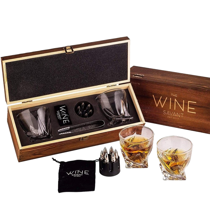 Whiskey Stones Gift Set for Men, by The Wine Savant, 6 Stainless Steel Whiskey Stones, 2 Twisted Glasses, Freezer Pouch & Special Tongs in Pinewood Box by The Wine Savant