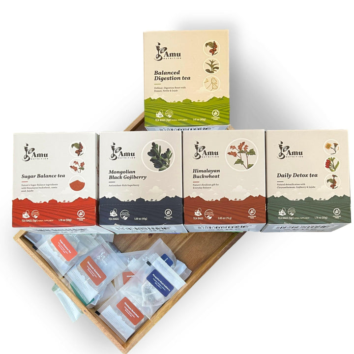 Mongolian Wellness Tea Gift Set- 4-Tea Bundles with Sugar cane Teabags by Amu – Unique combination of Ancient wisdom & Modern Nutrition