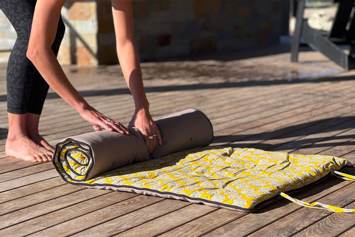 Block Print Restorative Yoga Mat with Towel and Carrying Case by Verve Culture