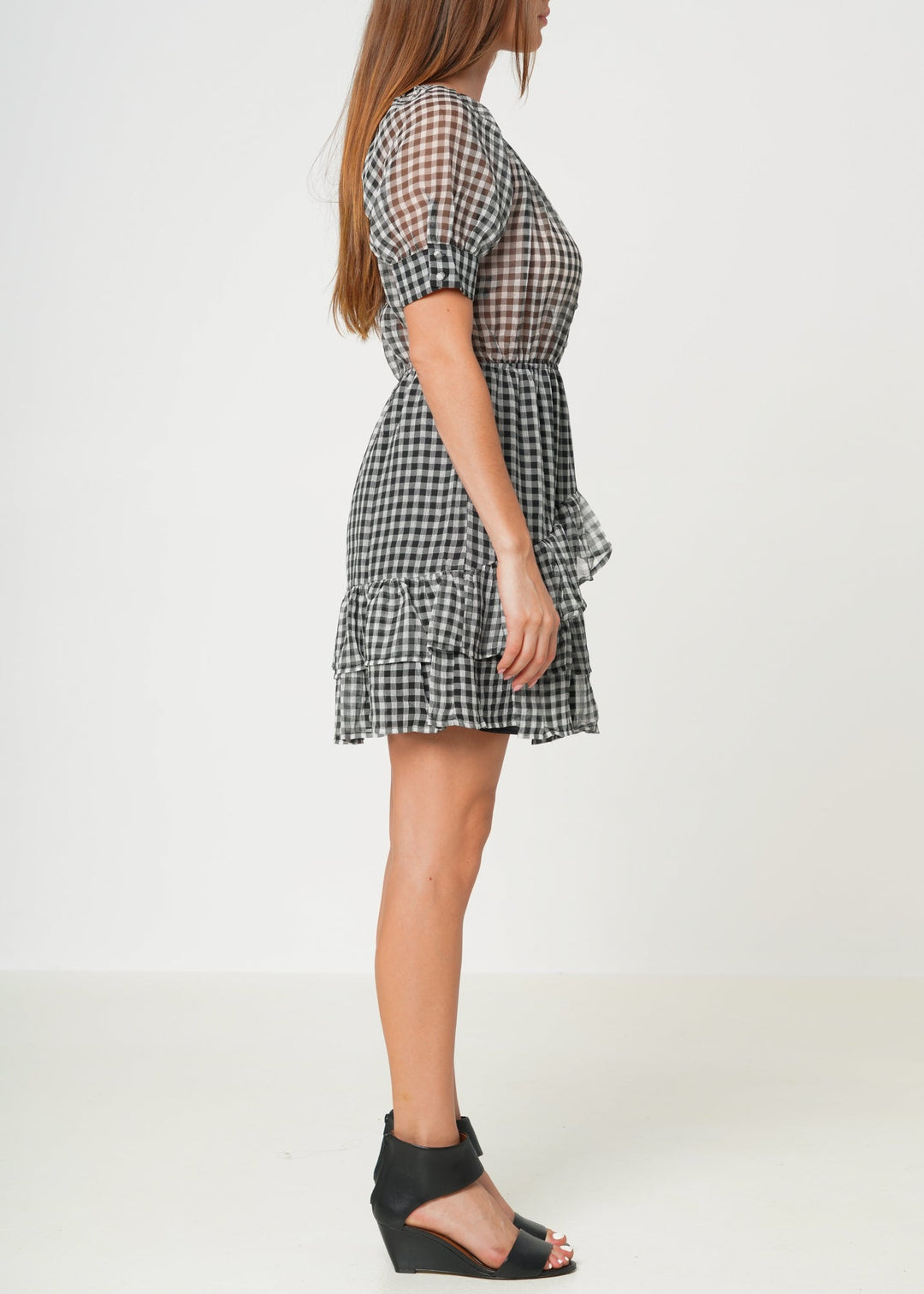 Women's Crinkle Chiffon Gingham Dress in Black