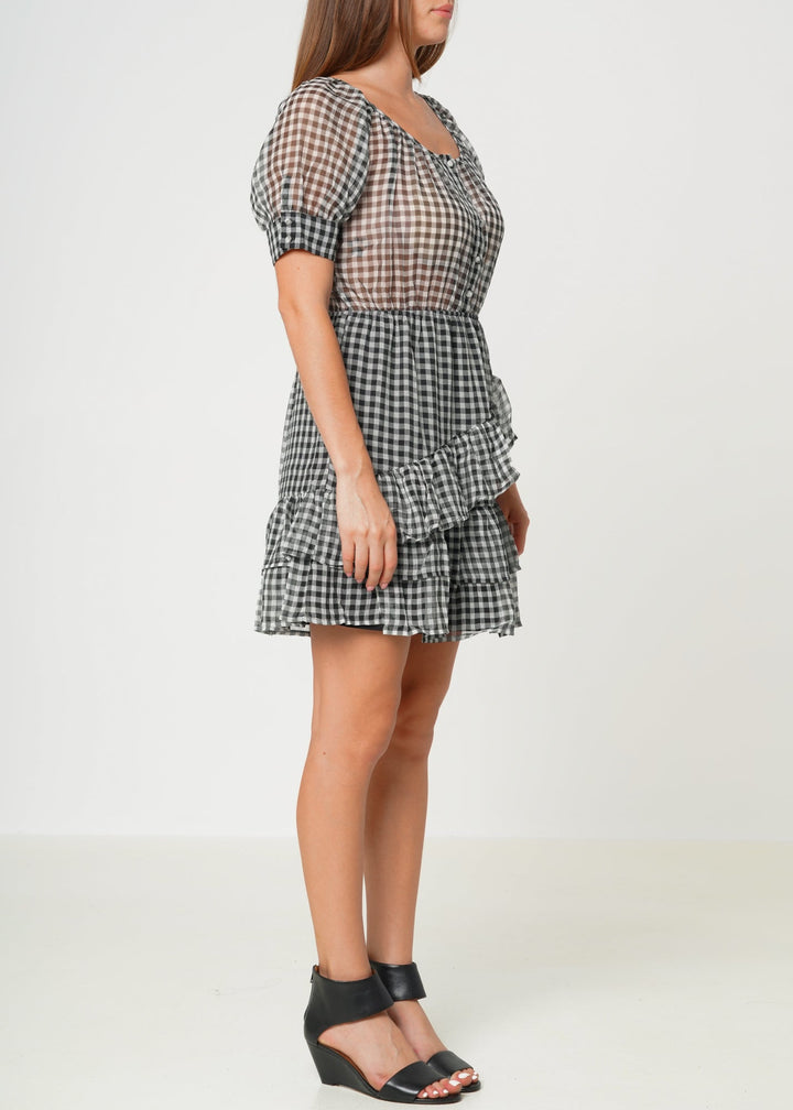 Women's Crinkle Chiffon Gingham Dress in Black