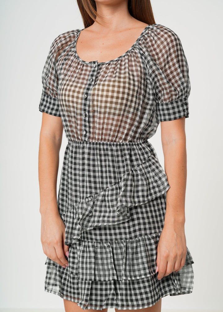 Women's Crinkle Chiffon Gingham Dress in Black