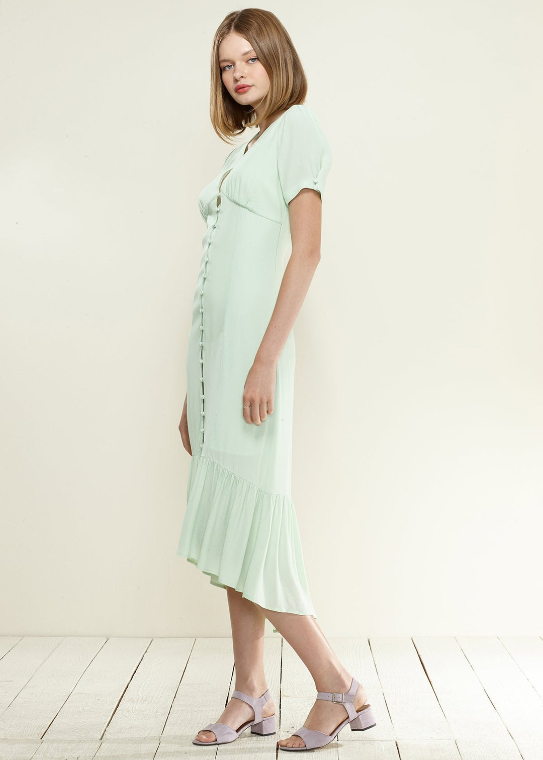 V-Neck Mermaid Button Down Maxi Dress In Spring Sage