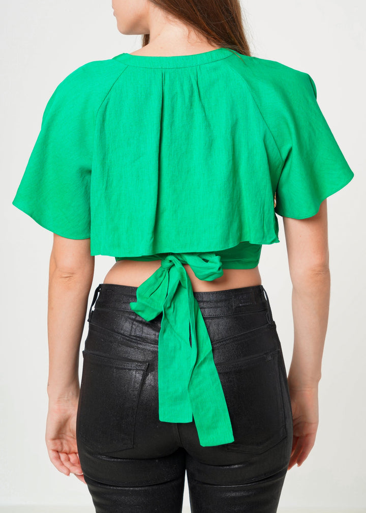 Women's Tie Waist Cape Sleeve Cropped Blouse in Kelly Green