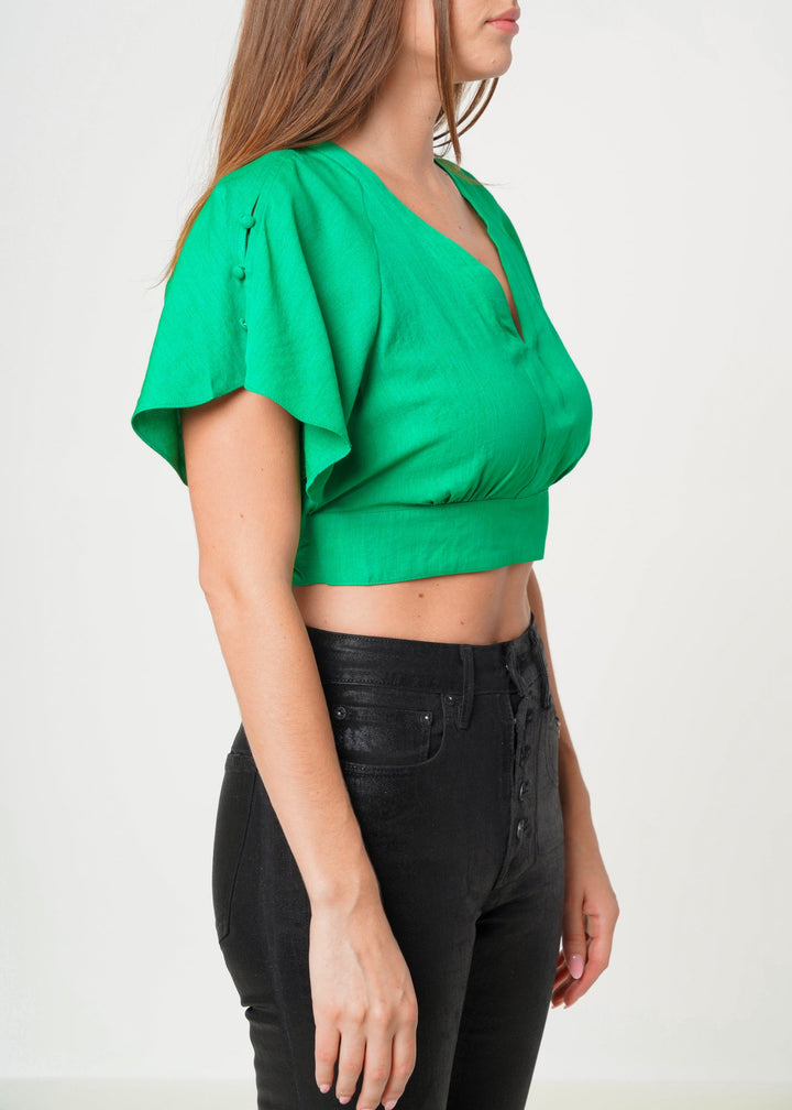 Women's Tie Waist Cape Sleeve Cropped Blouse in Kelly Green