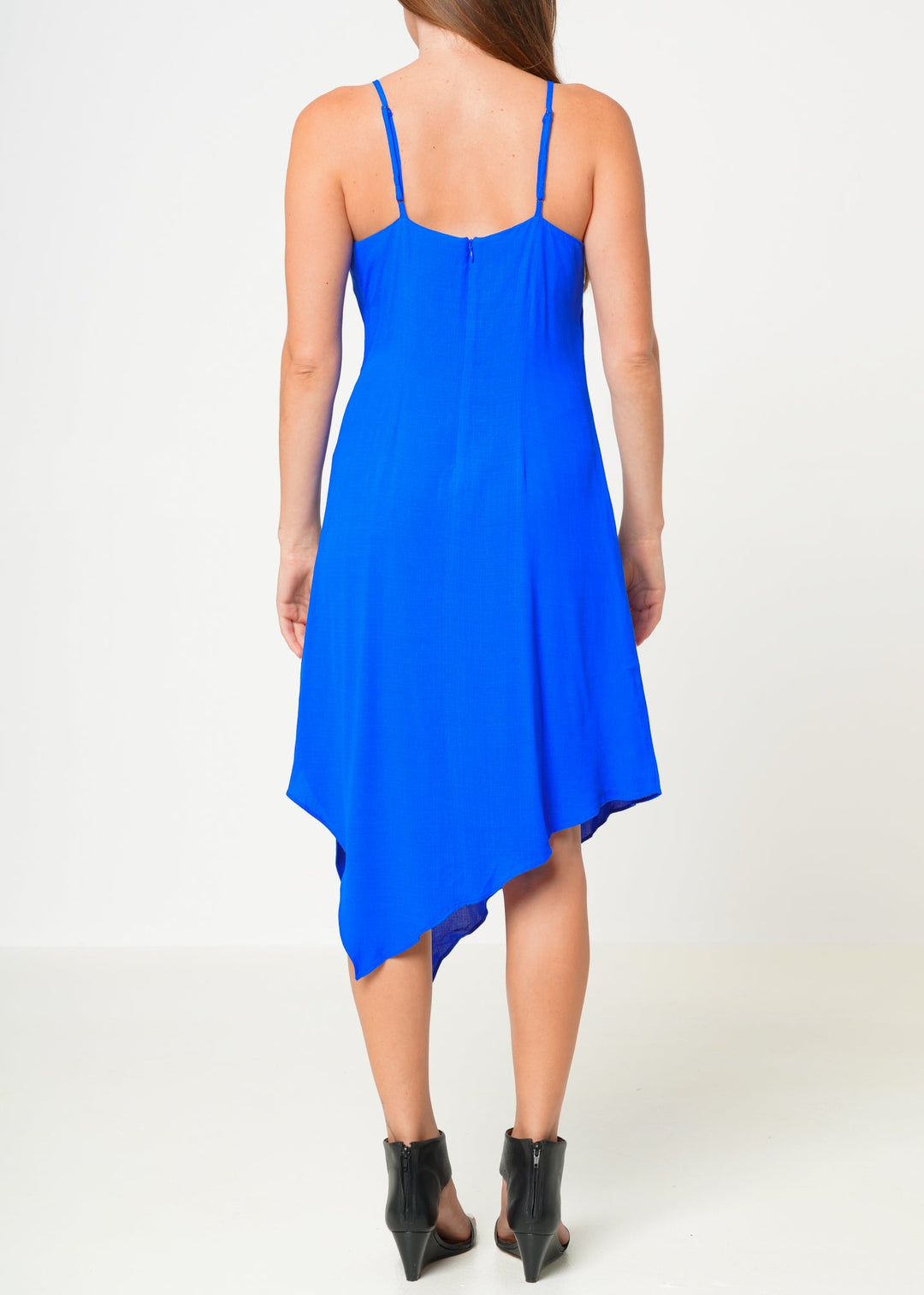 Solid Asymmetrical Hem V-neck Dress in Blue by Shop at Konus