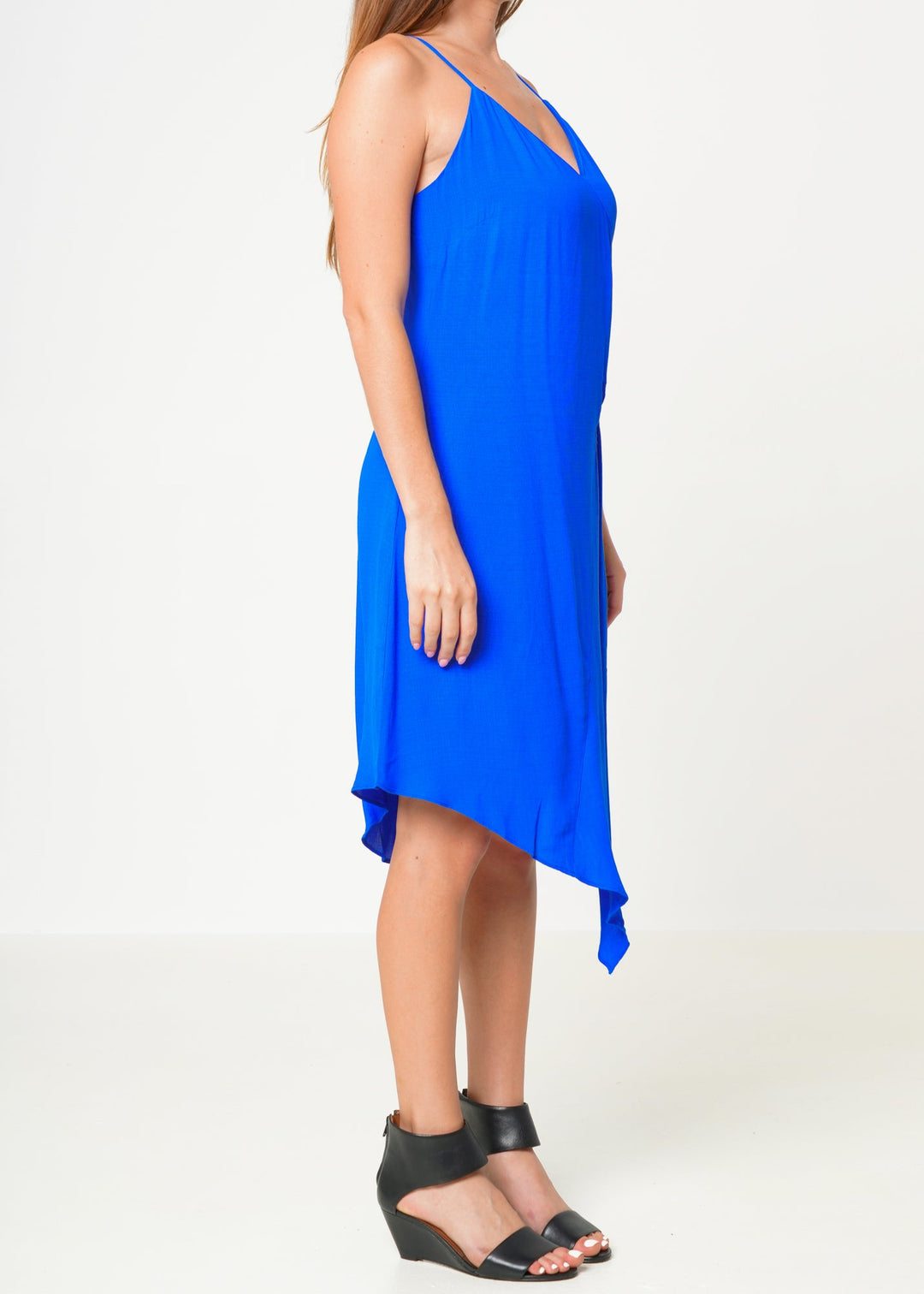 Solid Asymmetrical Hem V-neck Dress in Blue by Shop at Konus