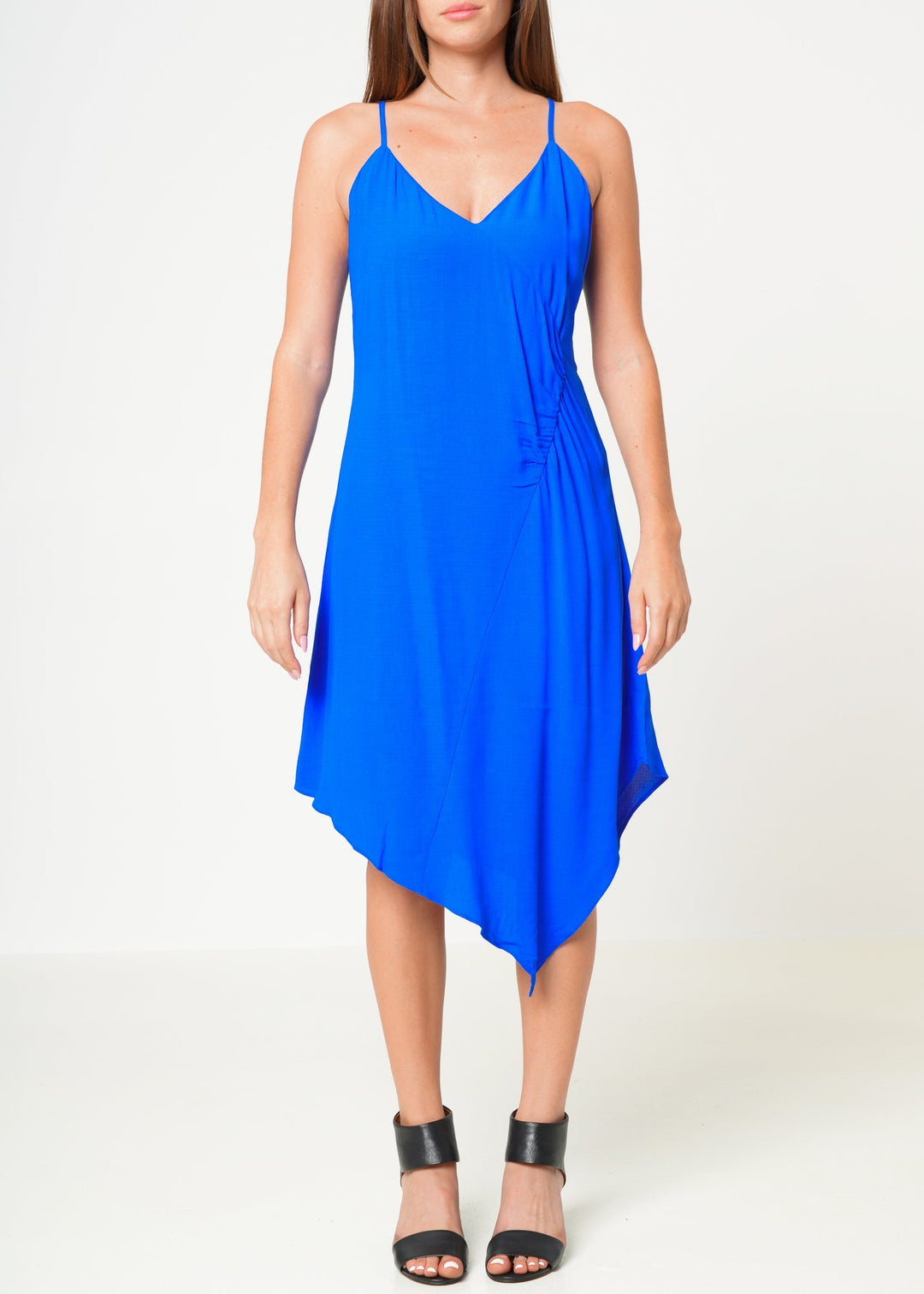 Solid Asymmetrical Hem V-neck Dress in Blue by Shop at Konus