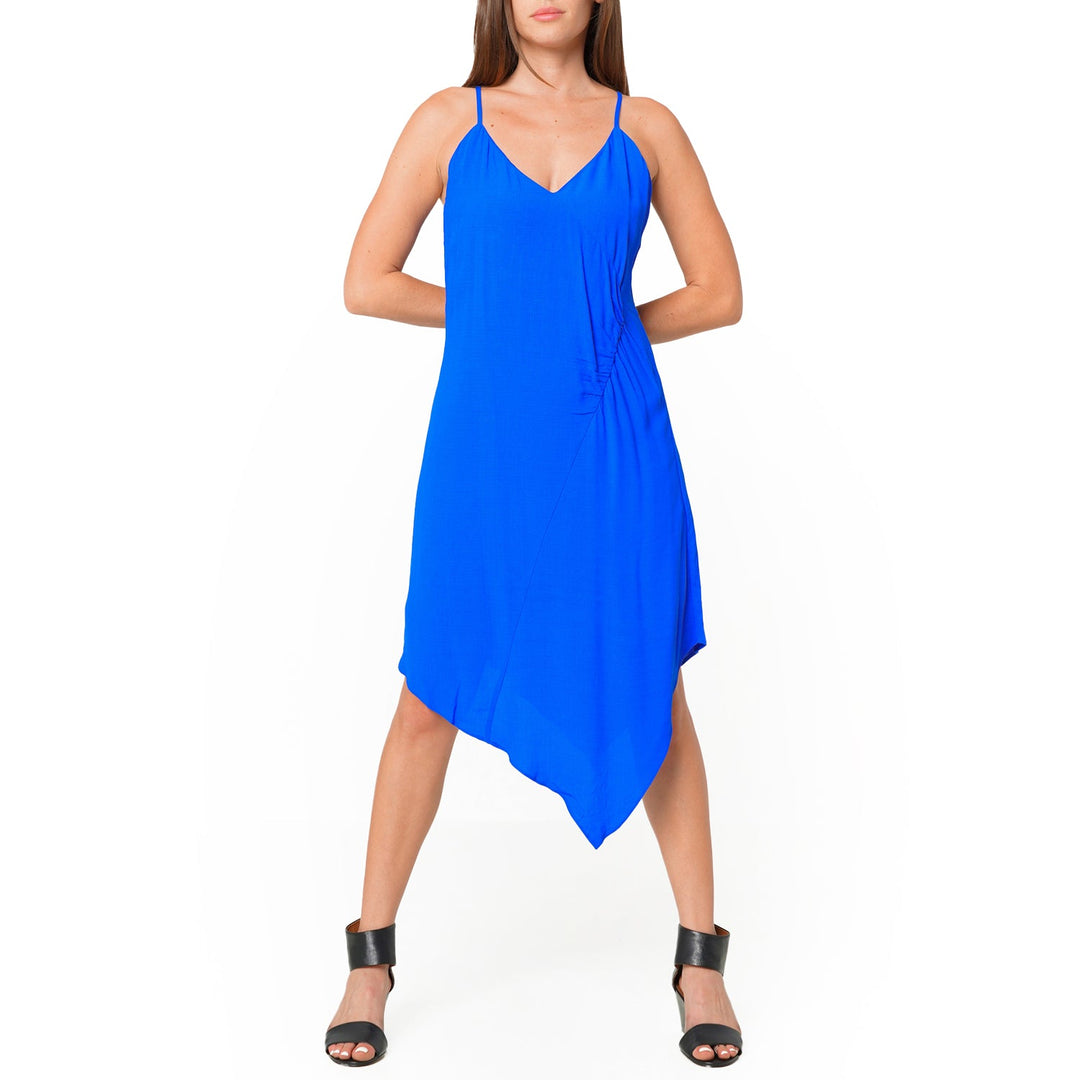 Solid Asymmetrical Hem V-neck Dress in Blue by Shop at Konus