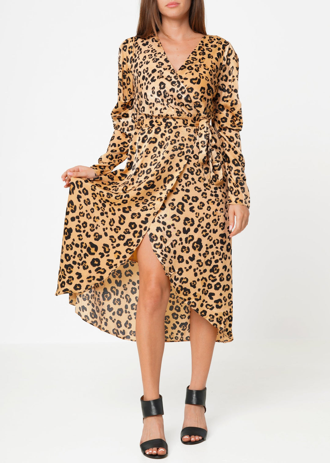 Women's Print Puffy Shoulder Dress in Brown Leopard