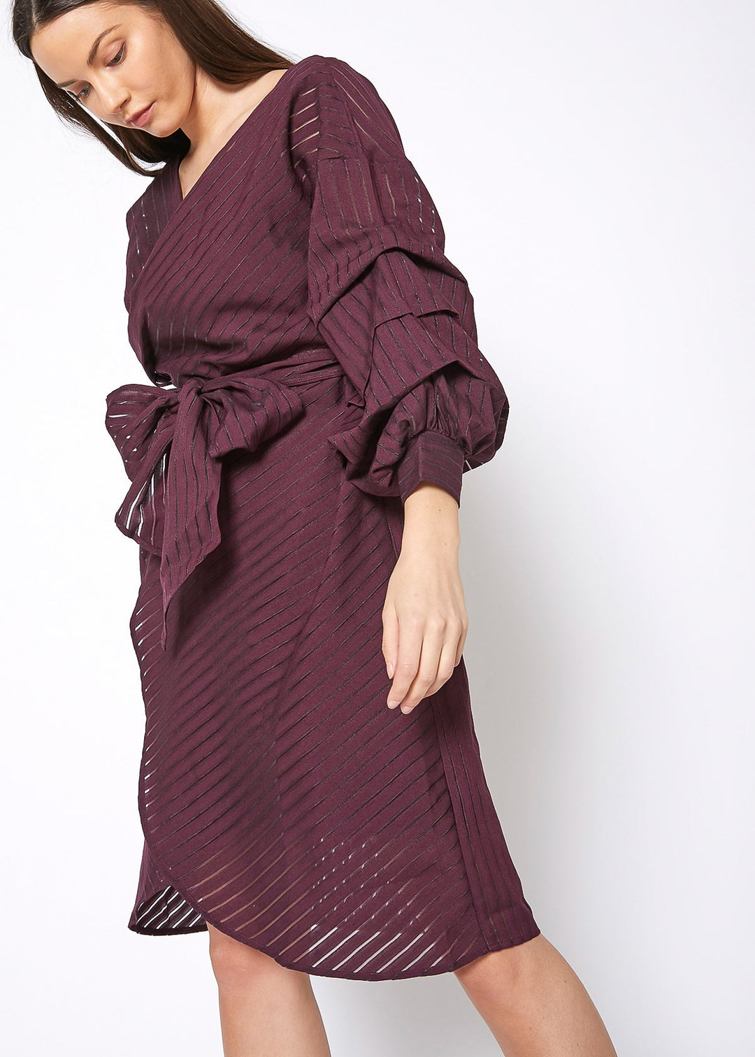 Organza Stripe Wrap Dress In Burgundy by Shop at Konus