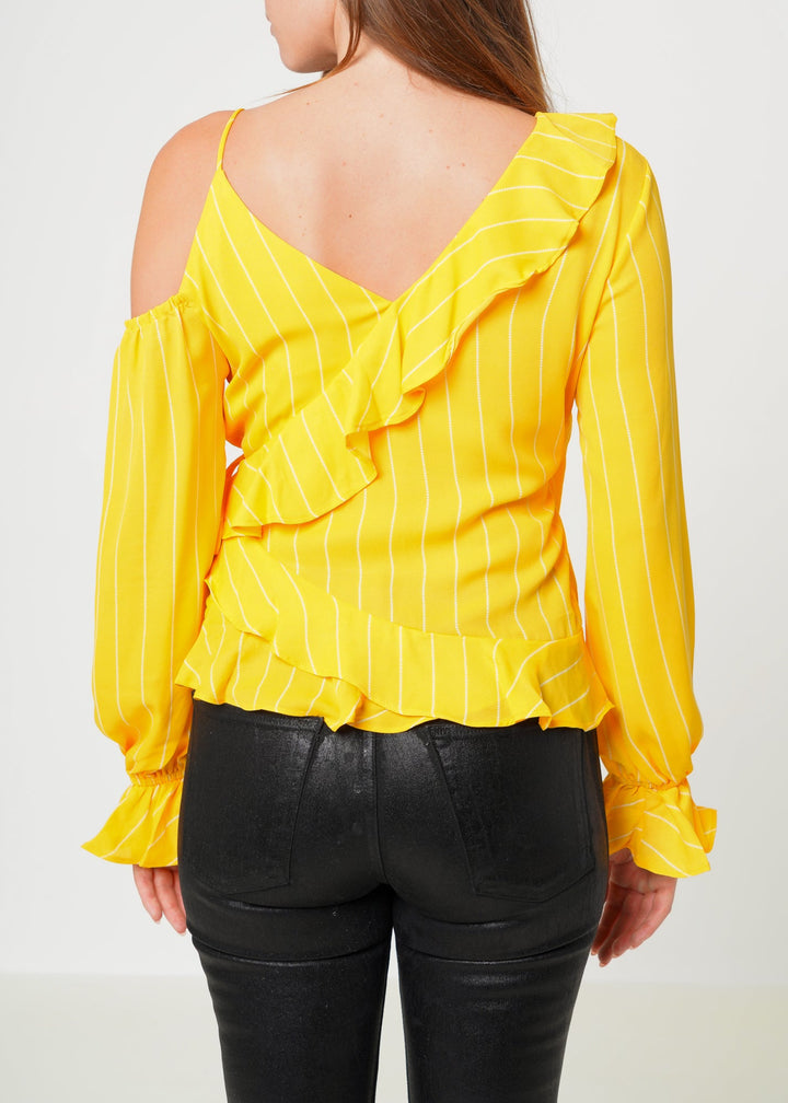 Women's Asymmetrical Shoulder Ruffle Blouse in Yellow