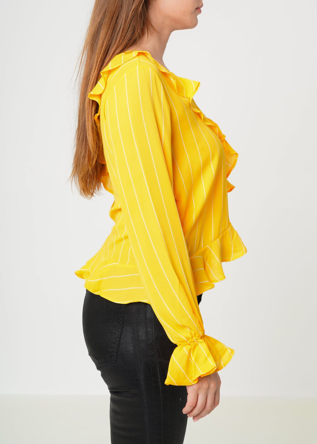 Women's Asymmetrical Shoulder Ruffle Blouse in Yellow