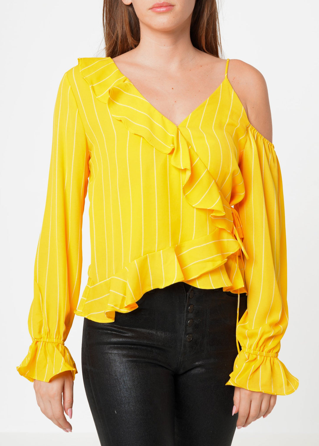 Women's Asymmetrical Shoulder Ruffle Blouse in Yellow