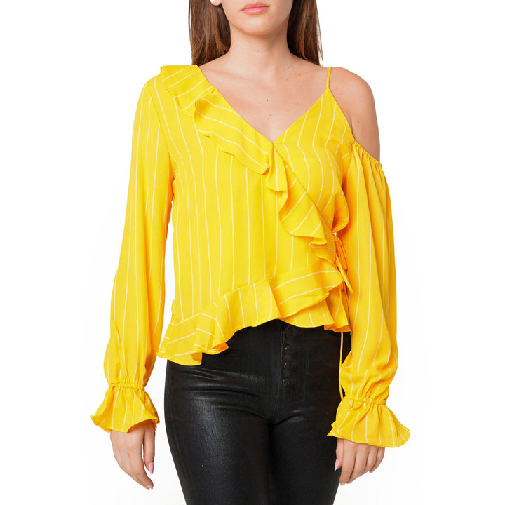 Women's Asymmetrical Shoulder Ruffle Blouse in Yellow