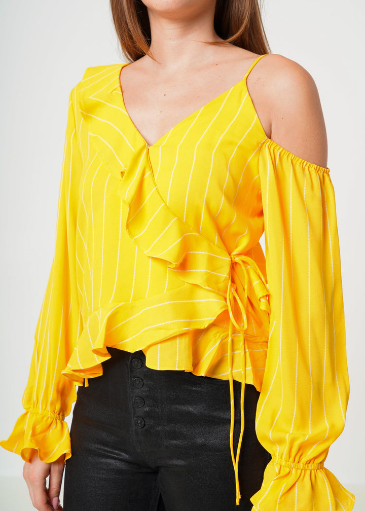 Women's Asymmetrical Shoulder Ruffle Blouse in Yellow