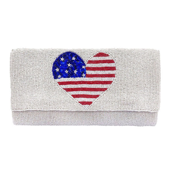 American USA Flag Heart Seed Beaded Clutch Crossbody Bag by Madeline Love