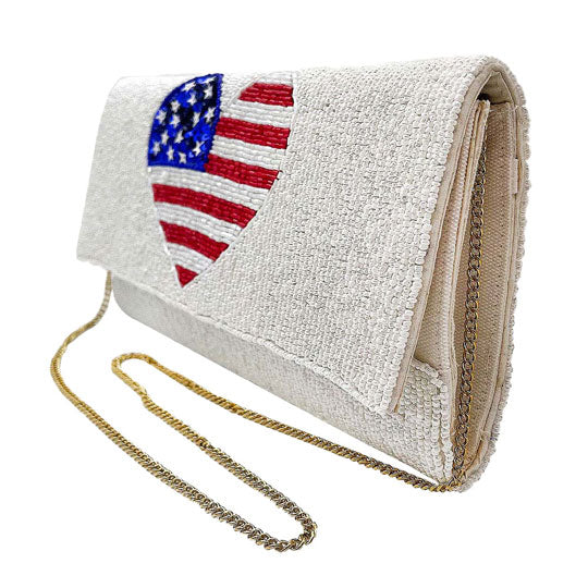 American USA Flag Heart Seed Beaded Clutch Crossbody Bag by Madeline Love