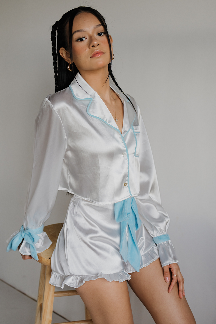 White with Blue Velvet Bow Sleeves Ruffle Pajamas by Spikes and Seams