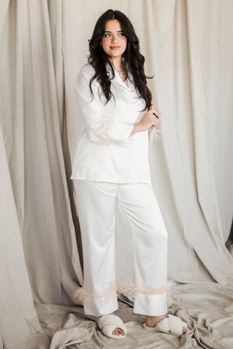 White with Blush Feathers Satin Pants Set by Spikes and Seams