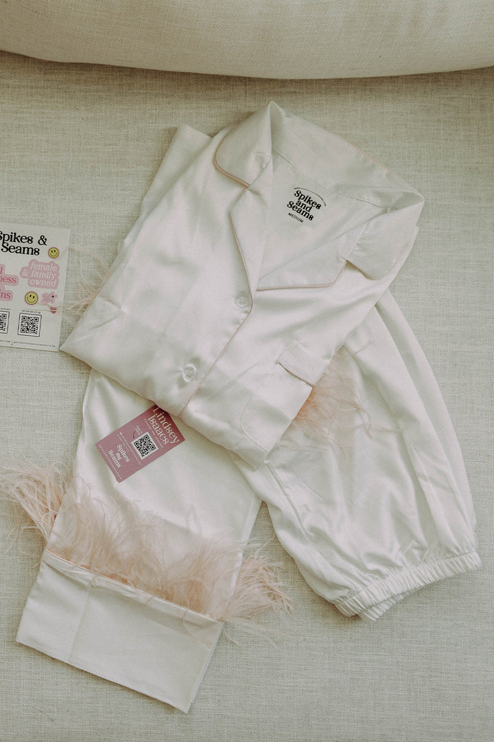 White with Blush Feathers Satin Pants Set by Spikes and Seams