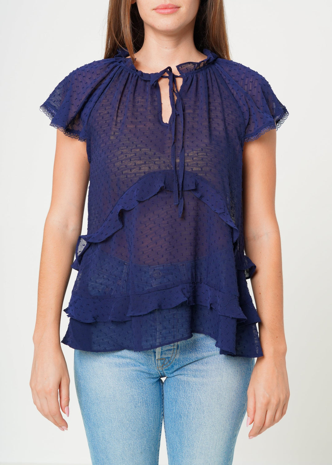 Women's Swiss Dot Layered Ruffle Top in Midnight