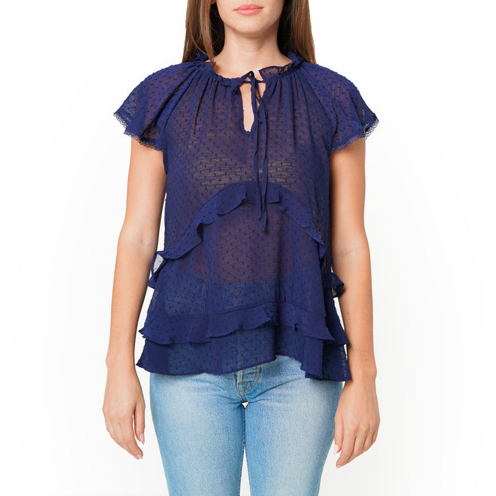 Women's Swiss Dot Layered Ruffle Top in Midnight