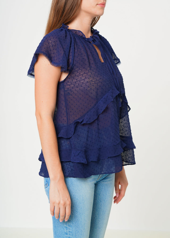 Women's Swiss Dot Layered Ruffle Top in Midnight