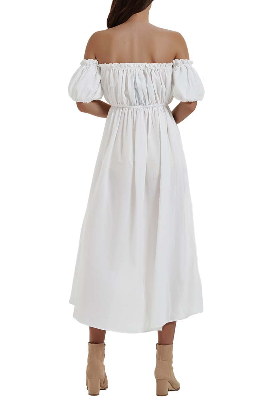 Anna-Kaci Women White Boho Lantern Sleeve Off Shoulder Long Dress