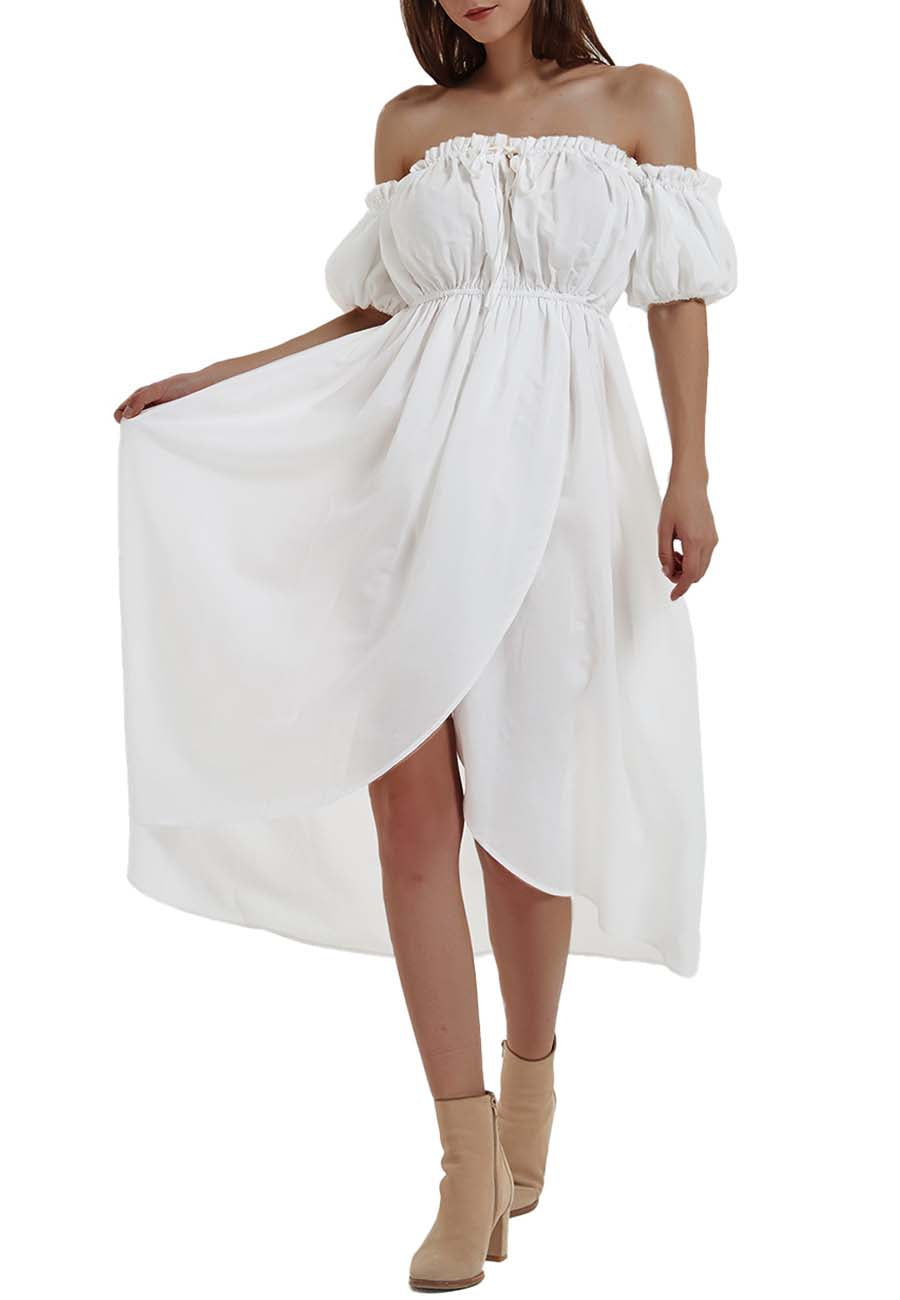 Anna-Kaci Women White Boho Lantern Sleeve Off Shoulder Long Dress