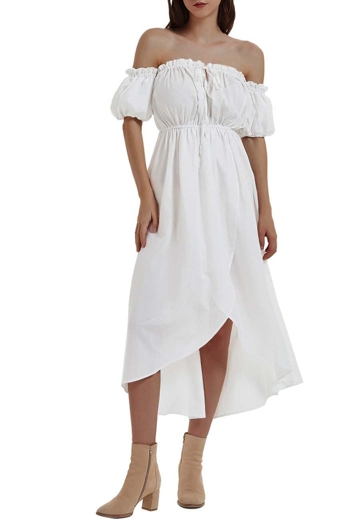 Anna-Kaci Women White Boho Lantern Sleeve Off Shoulder Long Dress