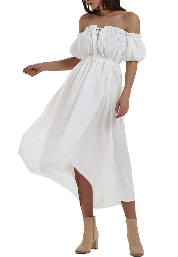 Anna-Kaci Women White Boho Lantern Sleeve Off Shoulder Long Dress