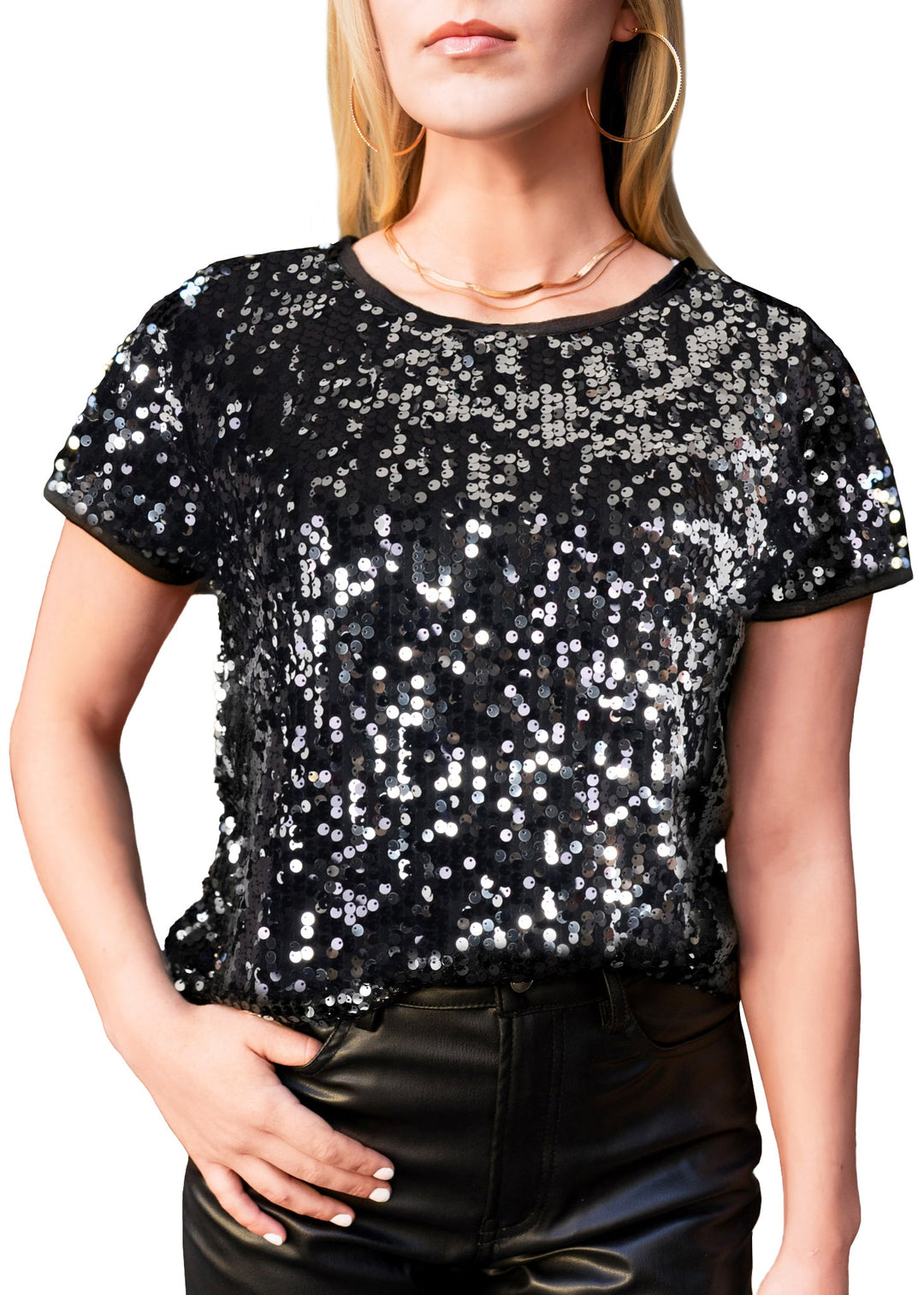 Sequin Short Sleeve Sparkly Shirt Round Neck Blouse