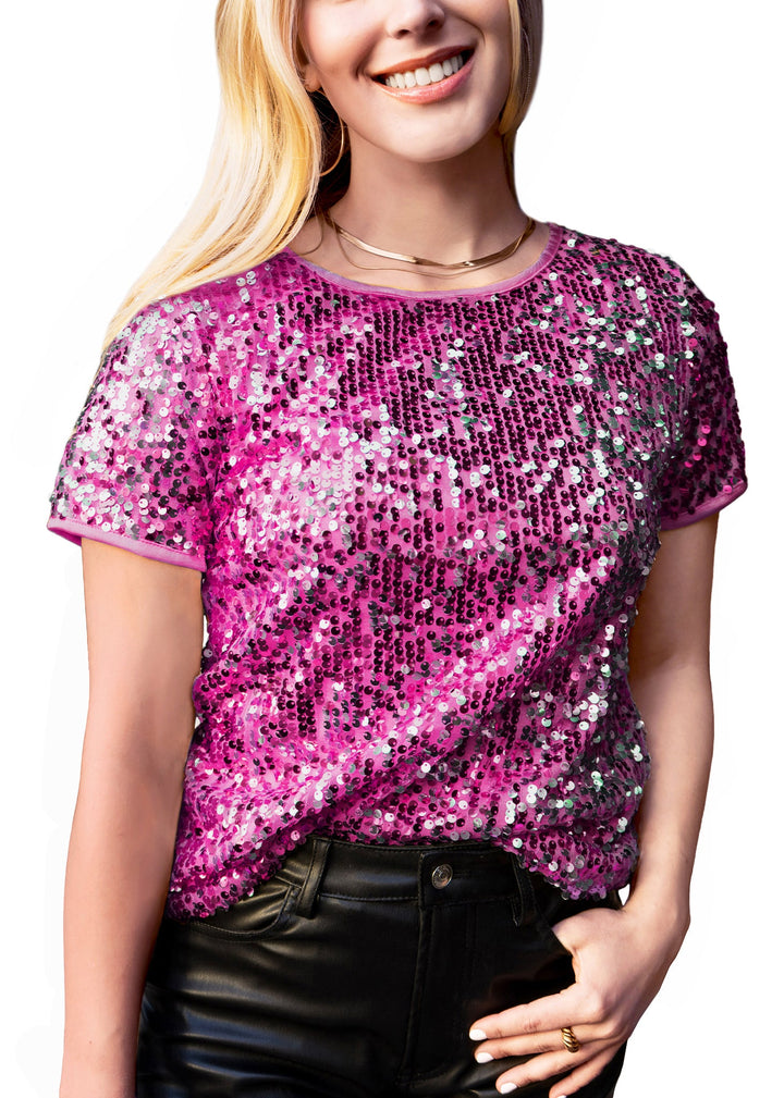 Sequin Short Sleeve Sparkly Shirt Round Neck Blouse