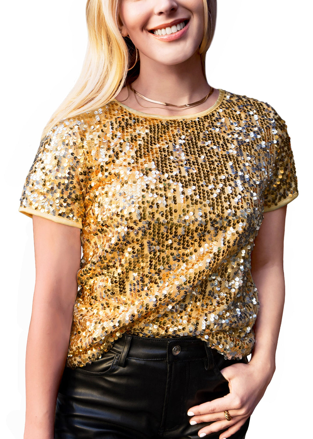 Sequin Short Sleeve Sparkly Shirt Round Neck Blouse