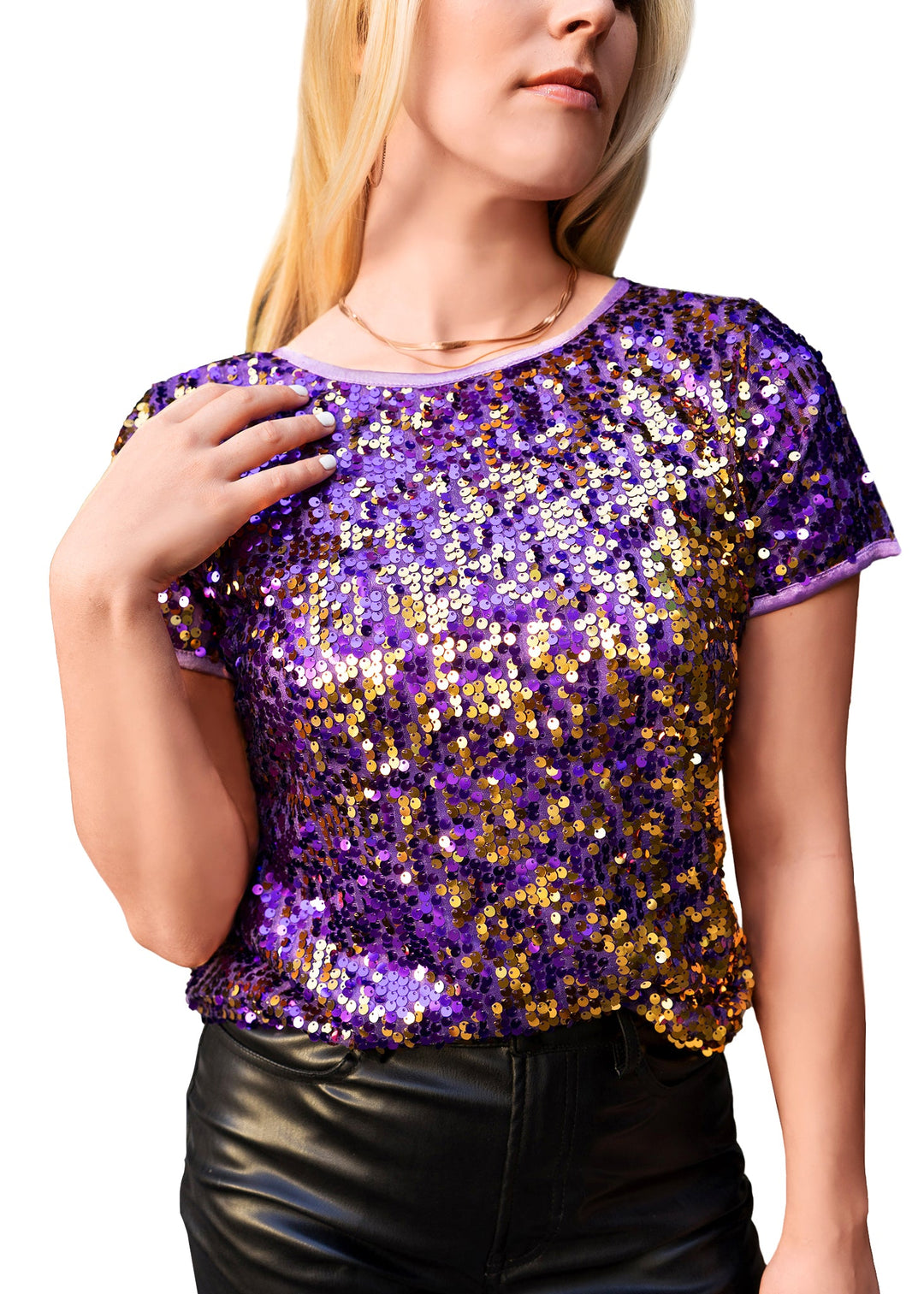 Sequin Short Sleeve Sparkly Shirt Round Neck Blouse