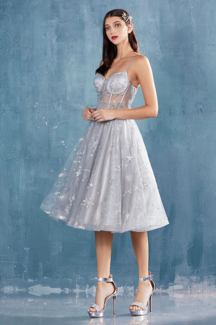 Constellation Corset Tulle A-Line Sheer Bodice Midi Cocktail Dress CDA0823