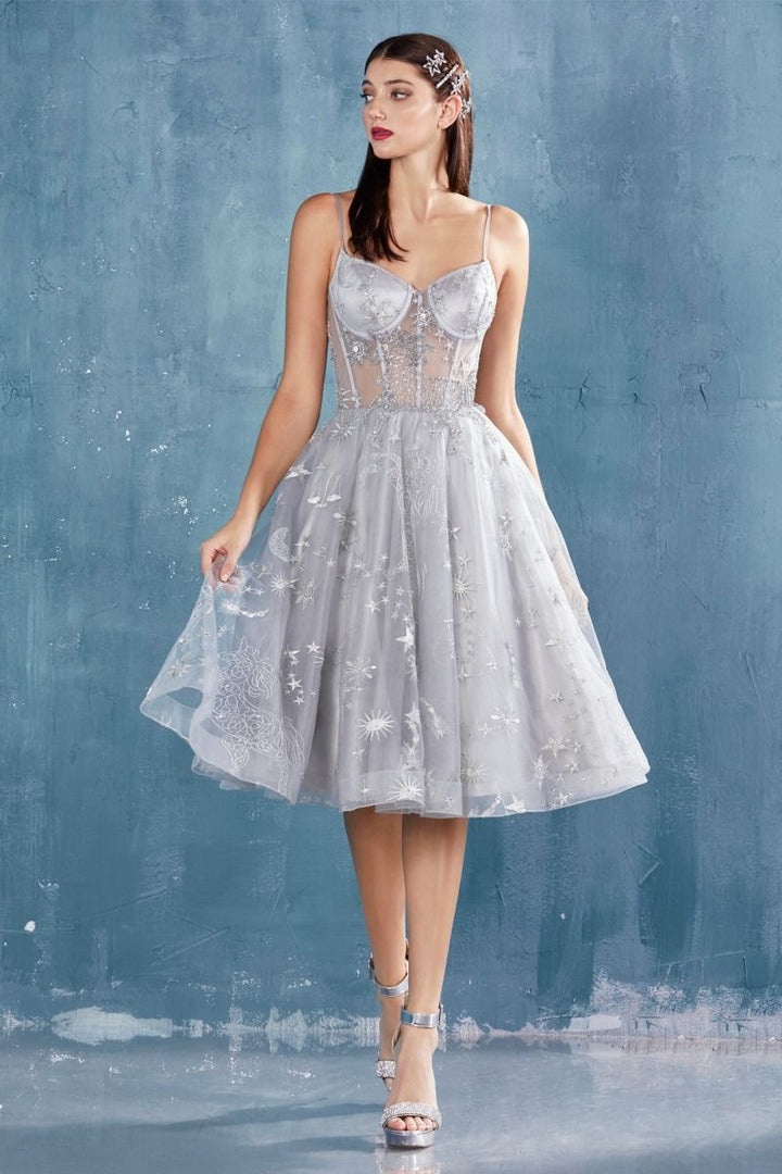 Constellation Corset Tulle A-Line Sheer Bodice Midi Cocktail Dress CDA0823