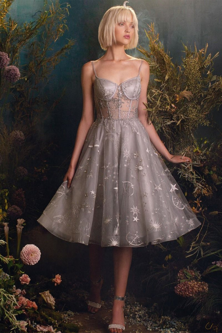 Constellation Corset Tulle A-Line Sheer Bodice Midi Cocktail Dress CDA0823