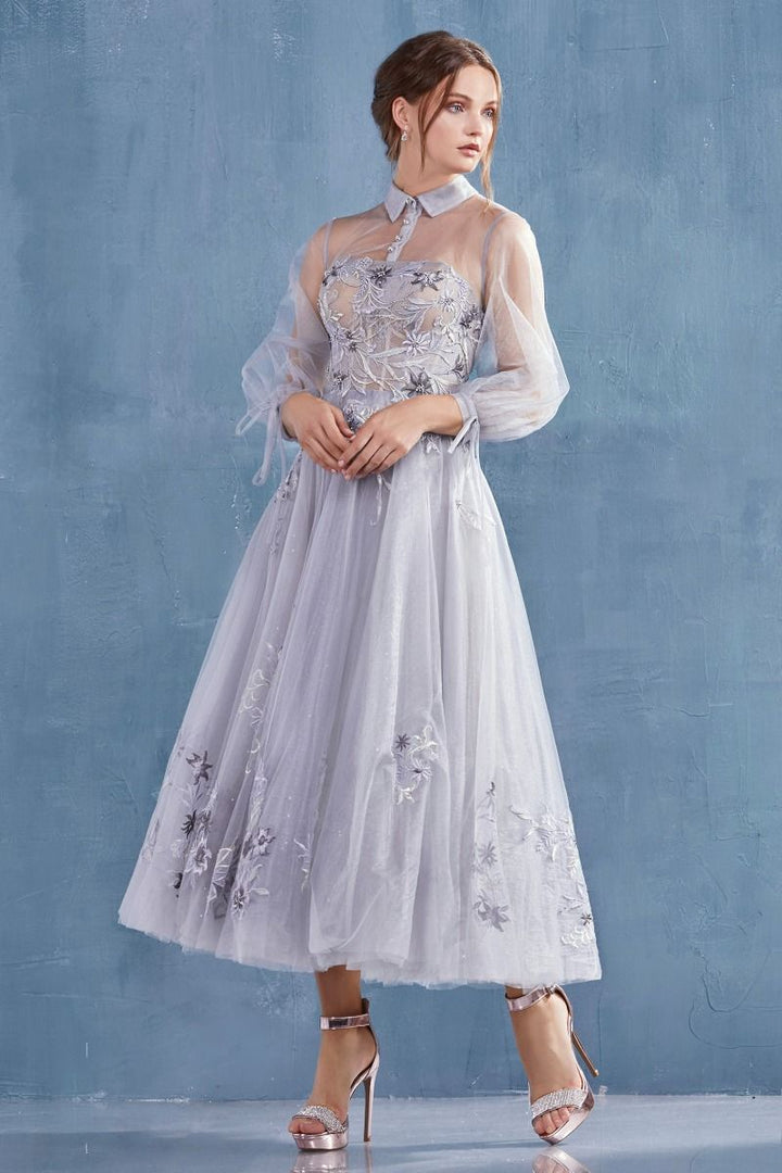 Duchesa Boho Flower Appliqué Long Sleeves Embroidered Midi Prom & Evening Dress CDA0862