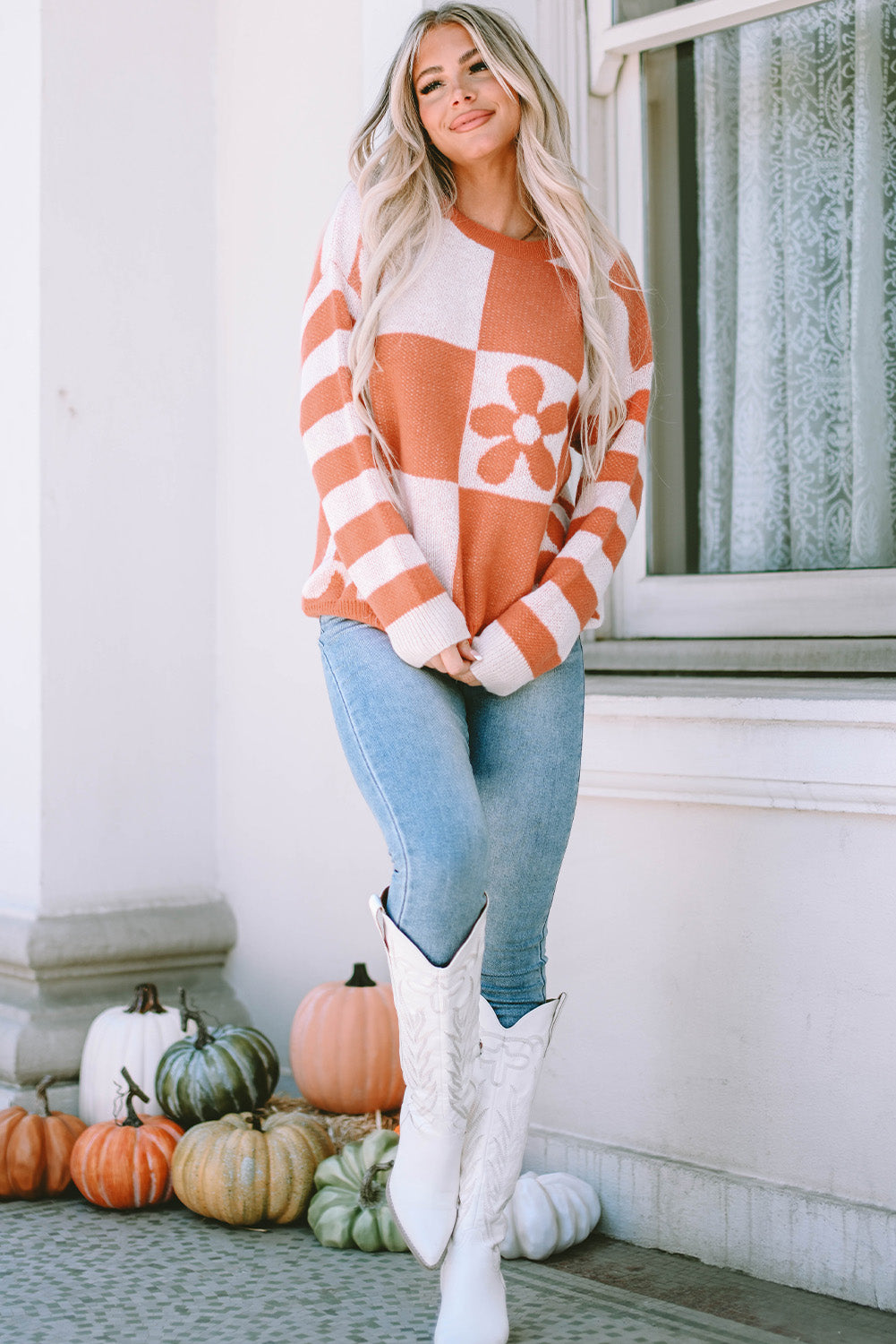 Checkered Floral Striped Sleeve Sweater by Poppy Lee Lane