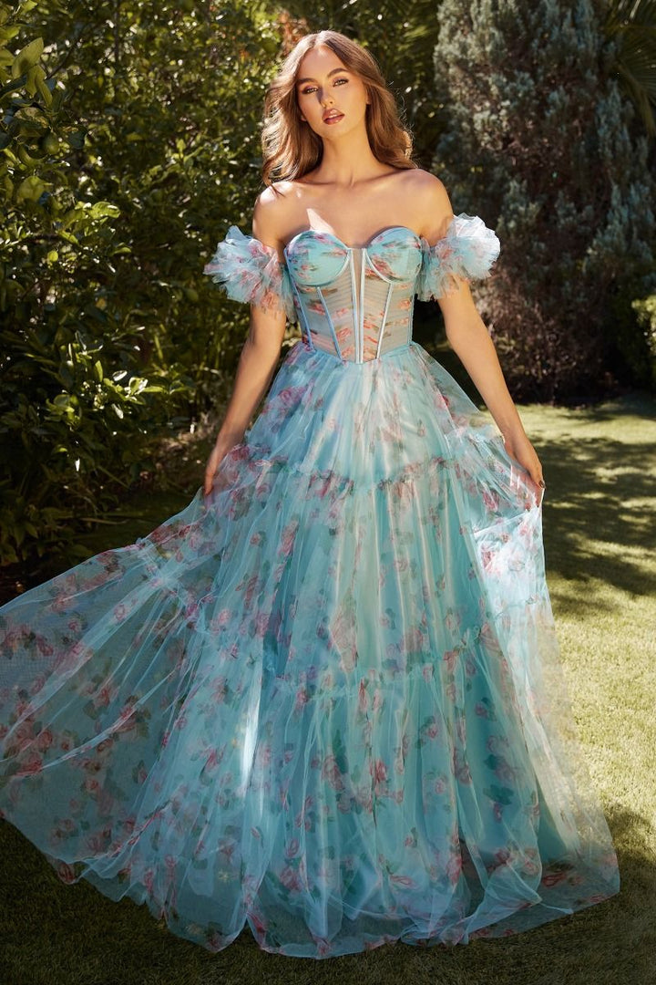 Blue Floral Printed Off Shoulder Sheer Bodice Long Prom Dress CDA1285