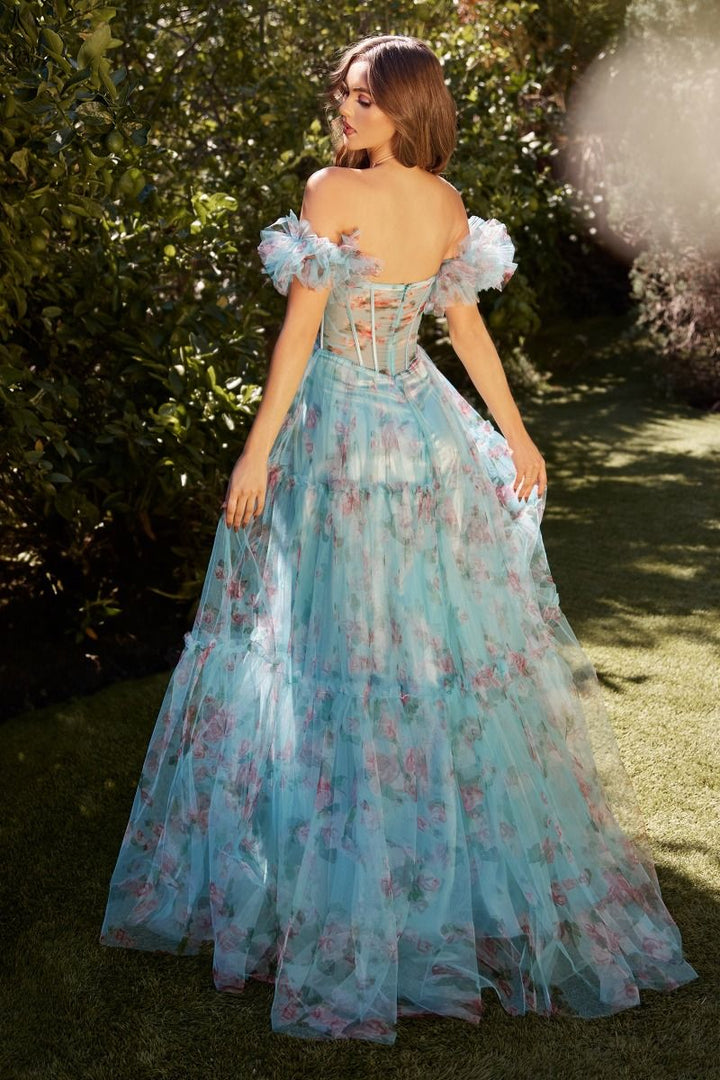 Blue Floral Printed Off Shoulder Sheer Bodice Long Prom Dress CDA1285