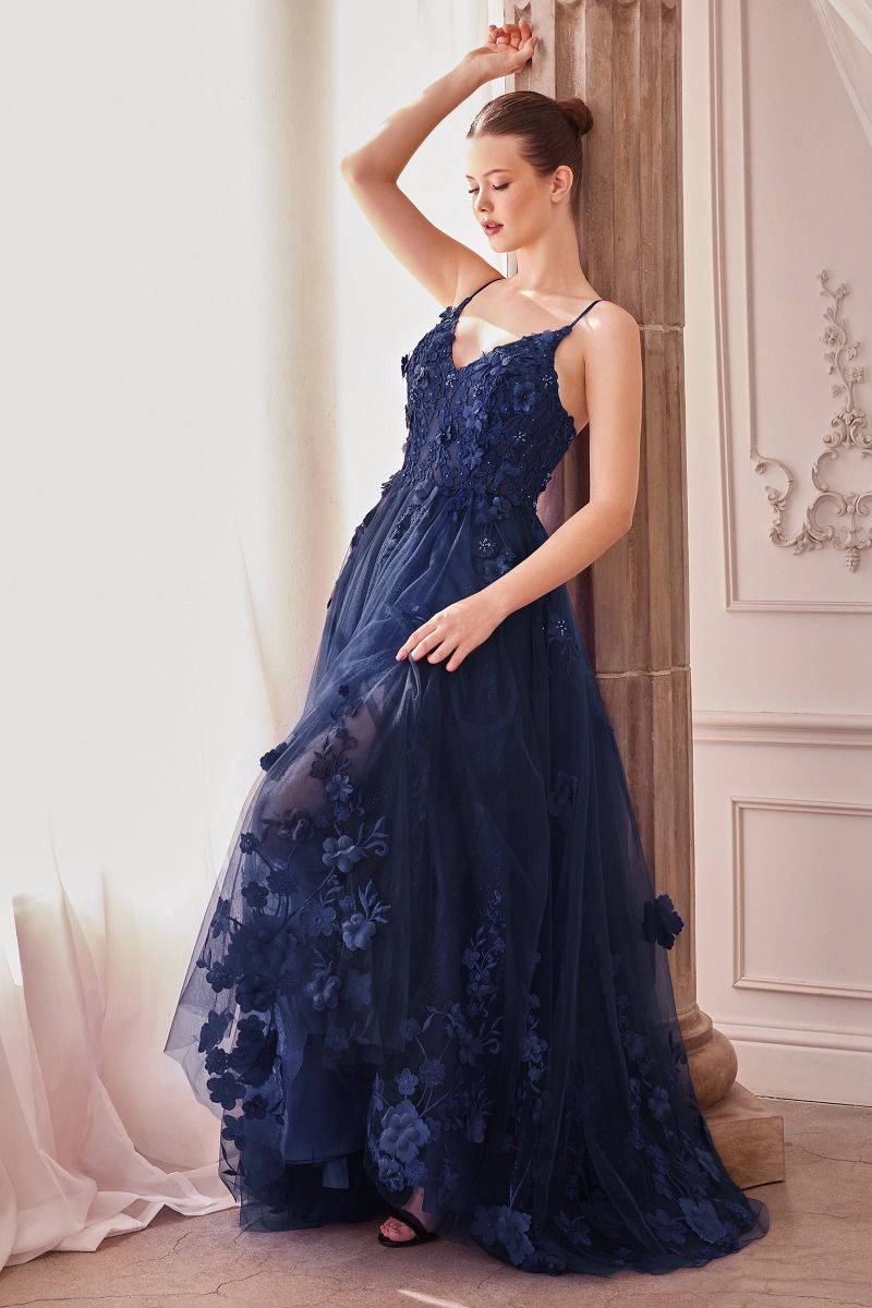 A-Line Floral Appliqued Tulle V-Neck Long Prom & Mother Of The Bride Dress CDA1326